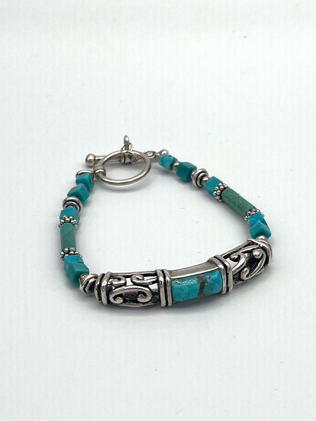 Barse Signed Vintage Turquoise And Sterling Silver Scroll Bracelet Toggle Clasp